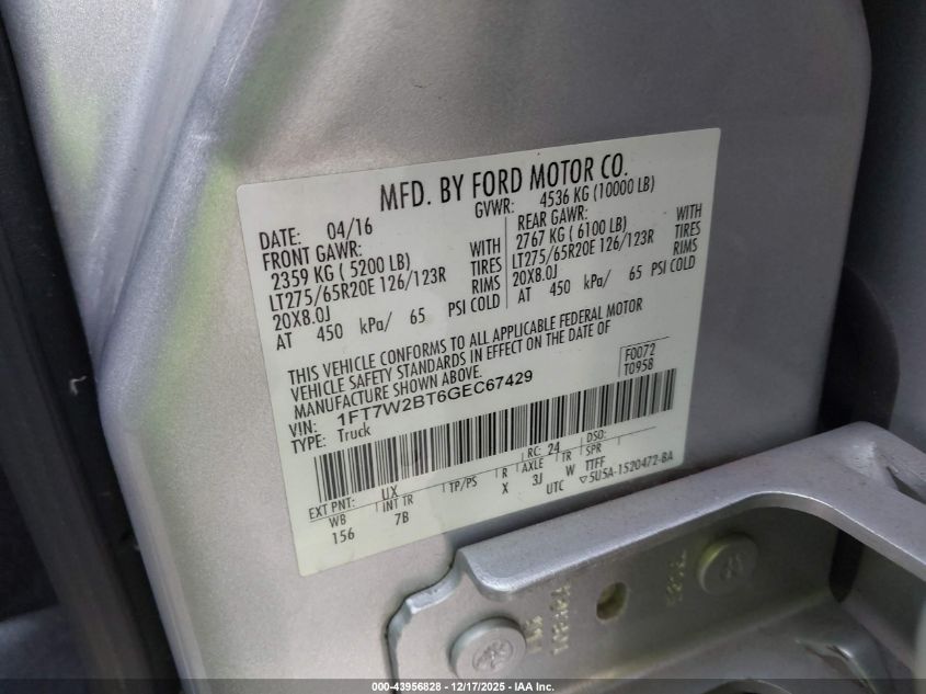 2016 Ford F-250 Lariat VIN: 1FT7W2BT6GEC67429 Lot: 43956828