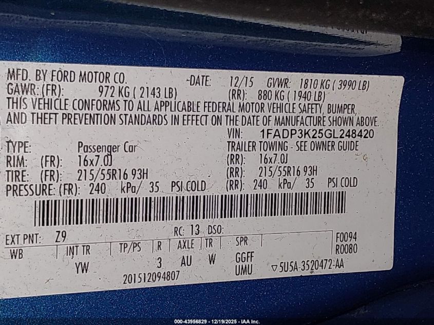 2016 Ford Focus Se VIN: 1FADP3K25GL248420 Lot: 43956829