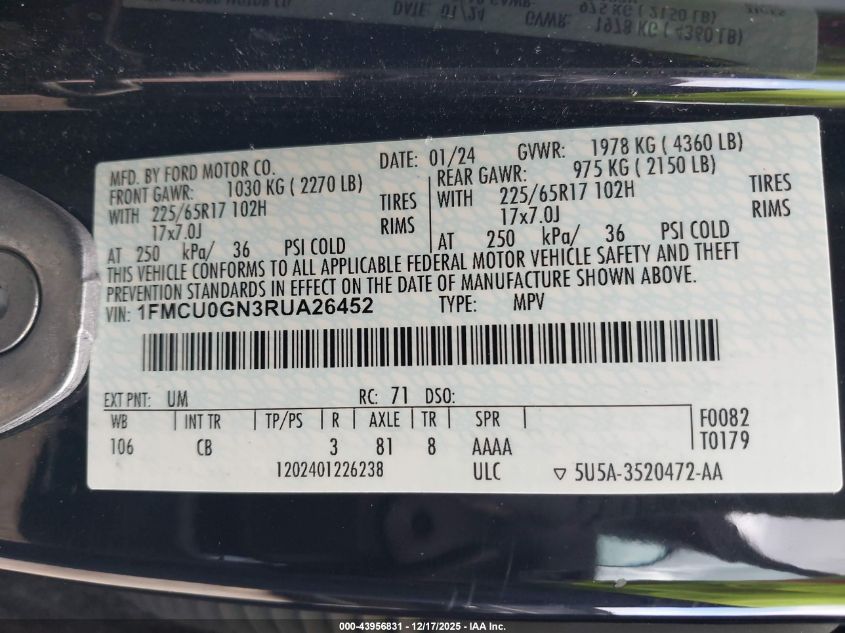 2024 Ford Escape Active VIN: 1FMCU0GN3RUA26452 Lot: 43956831