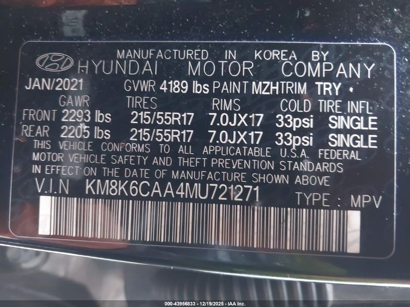 2021 Hyundai Kona Sel Plus VIN: KM8K6CAA4MU721271 Lot: 43956833