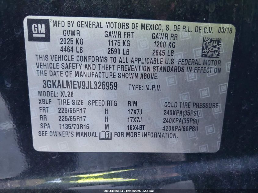 2018 GMC Terrain Sle VIN: 3GKALMEV9JL326959 Lot: 43956834