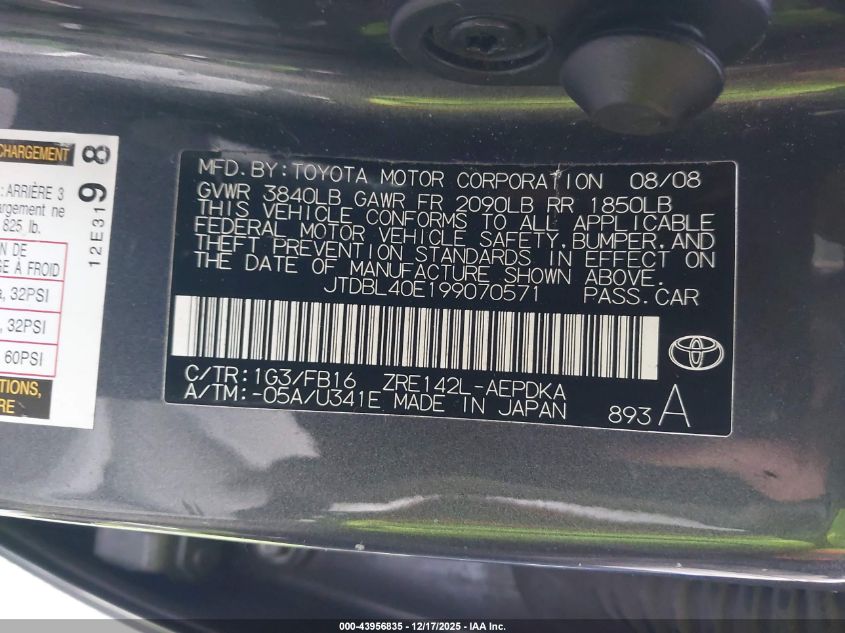 2009 Toyota Corolla Le VIN: JTDBL40E199070571 Lot: 43956835