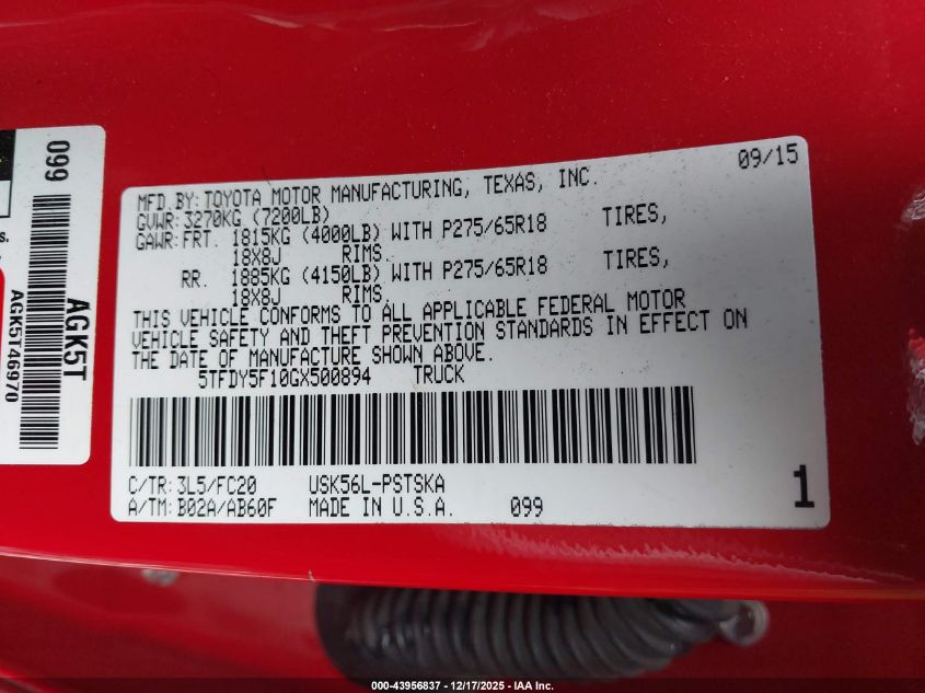 2016 Toyota Tundra Sr5 5.7L V8 VIN: 5TFDY5F10GX500894 Lot: 43956837