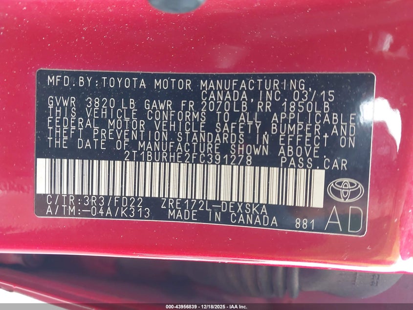 2T1BURHE2FC391278 2015 TOYOTA COROLLA photo no. 9