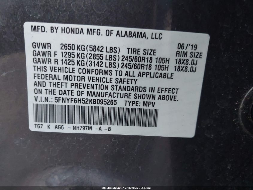 2019 Honda Pilot Ex-L VIN: 5FNYF6H52KB095265 Lot: 43956842
