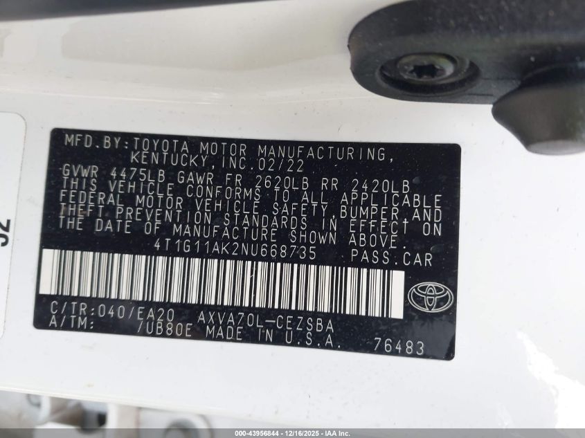 2022 Toyota Camry Se VIN: 4T1G11AK2NU668735 Lot: 43956844