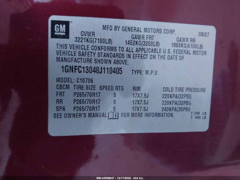 2008 Chevrolet Tahoe Lt VIN: 1GNFC13048J110405 Lot: 43956847