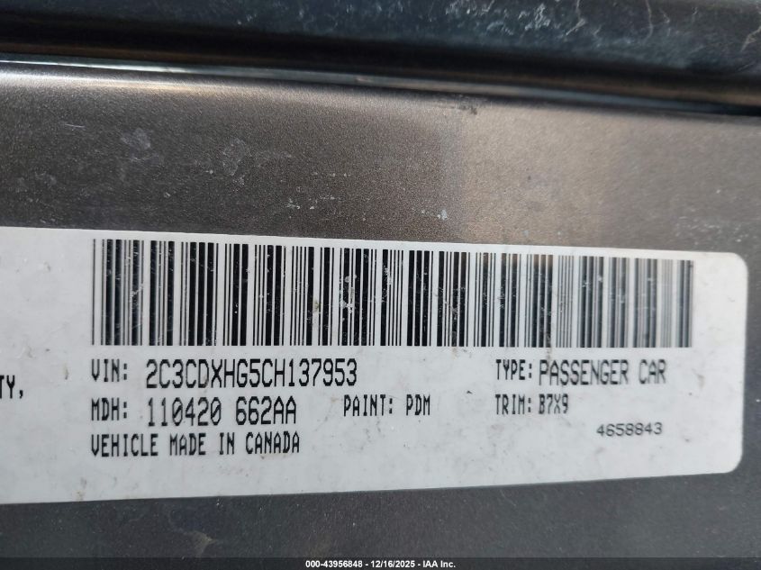 2012 Dodge Charger Sxt VIN: 2C3CDXHG5CH137953 Lot: 43956848