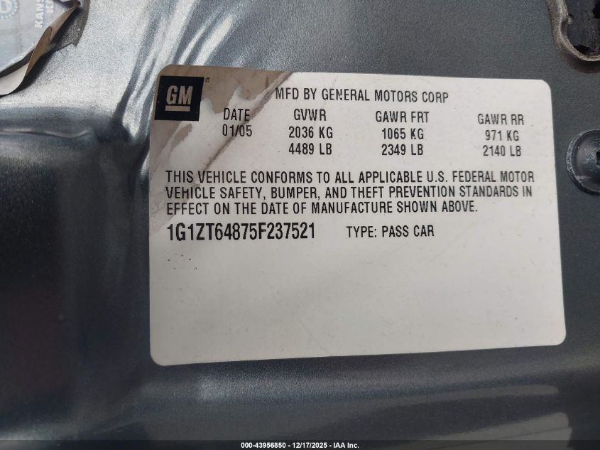 2005 Chevrolet Malibu Maxx Ls VIN: 1G1ZT64875F237521 Lot: 43956850