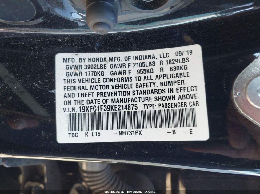 2019 Honda Civic Ex VIN: 19XFC1F39KE214875 Lot: 43956855