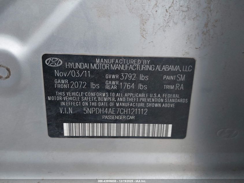 2012 Hyundai Elantra Gls VIN: 5NPDH4AE7CH121112 Lot: 43956858