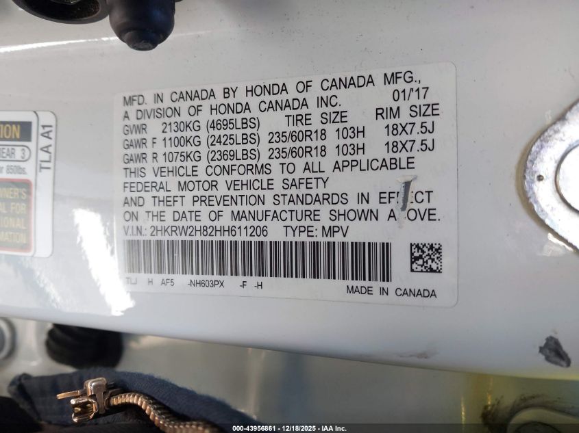 2017 Honda Cr-V Ex-L/Ex-L Navi VIN: 2HKRW2H82HH611206 Lot: 43956861