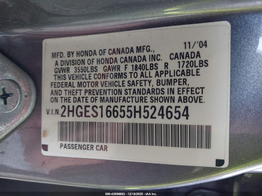 2005 Honda Civic Lx VIN: 2HGES16655H524654 Lot: 43956862