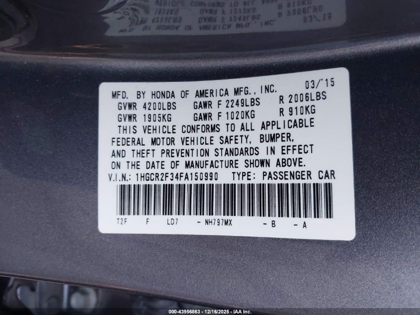 2015 Honda Accord Lx VIN: 1HGCR2F34FA150990 Lot: 43956863