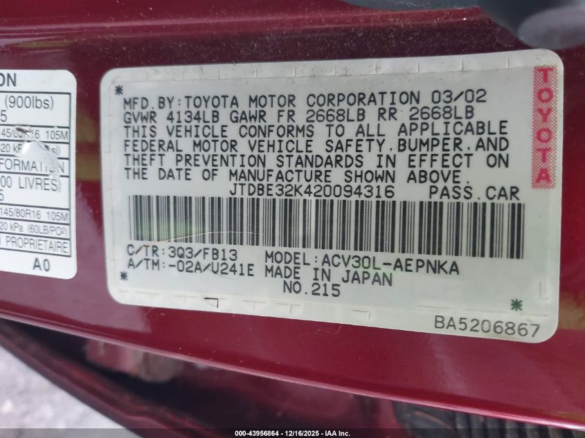 2002 Toyota Camry Le VIN: JTDBE32K420094316 Lot: 43956864