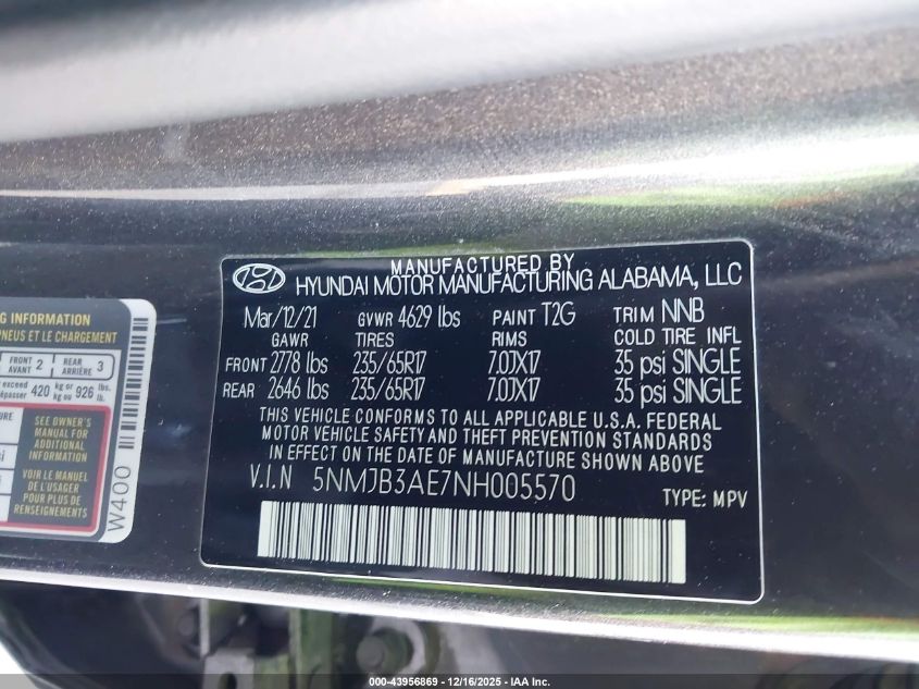 2022 Hyundai Tucson Sel VIN: 5NMJB3AE7NH005570 Lot: 43956869