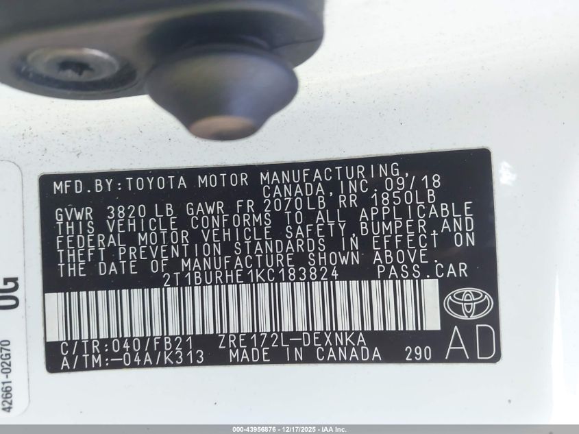 2019 Toyota Corolla Le VIN: 2T1BURHE1KC183824 Lot: 43956876