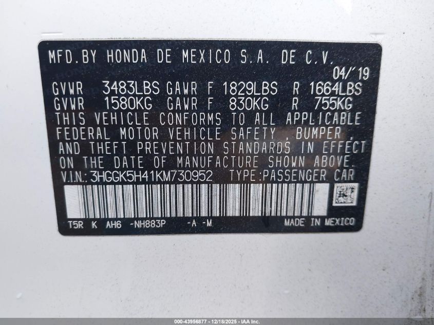 2019 Honda Fit Lx VIN: 3HGGK5H41KM730952 Lot: 43956877