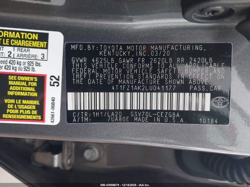 2020 Toyota Camry Xle V6 VIN: 4T1FZ1AK2LU041177 Lot: 43956879