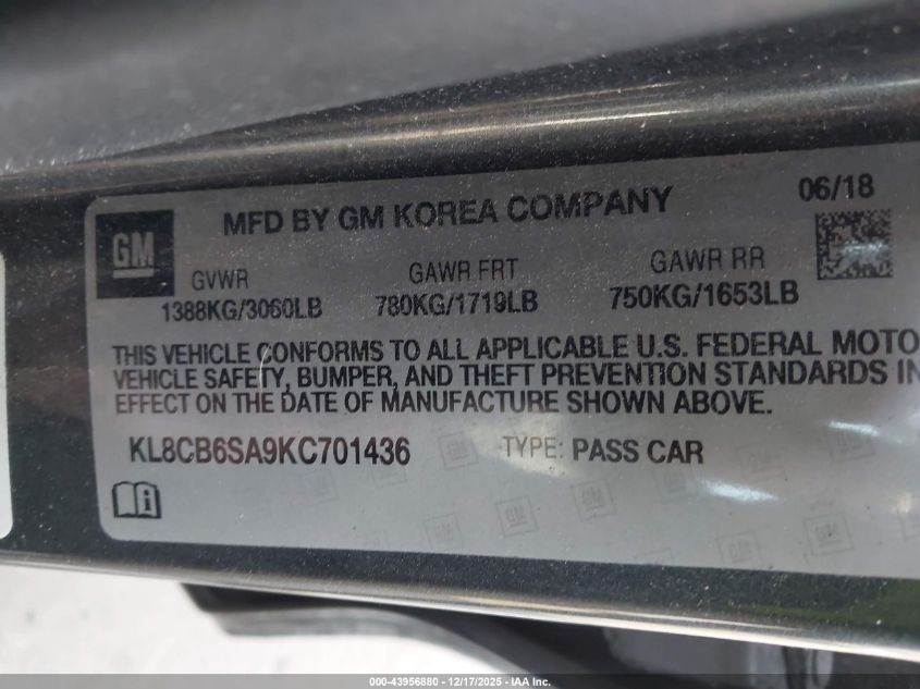 2019 Chevrolet Spark Ls Cvt VIN: KL8CB6SA9KC701436 Lot: 43956880