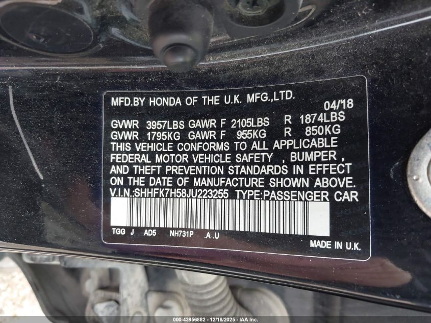 2018 Honda Civic Ex VIN: SHHFK7H58JU223255 Lot: 43956882