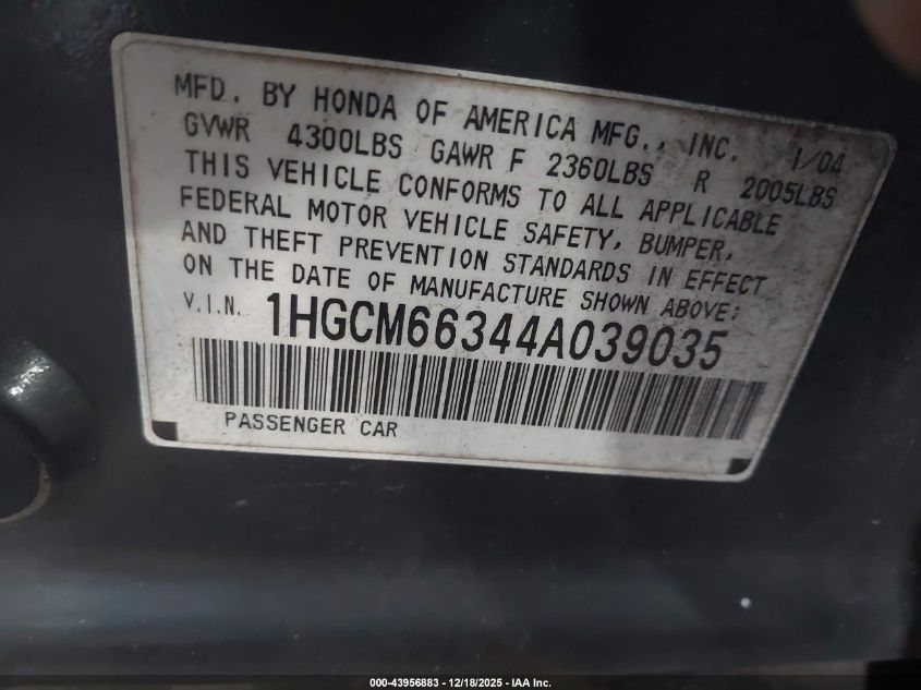 2004 Honda Accord 3.0 Lx VIN: 1HGCM66344A039035 Lot: 43956883