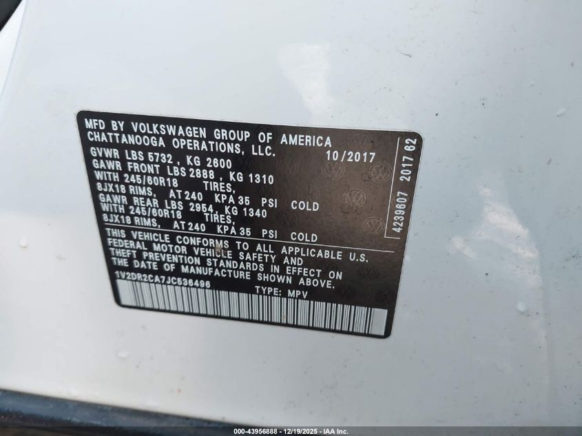 2018 Volkswagen Atlas 3.6L V6 Se/3.6L V6 Se W/Technology VIN: 1V2DR2CA7JC536496 Lot: 43956888