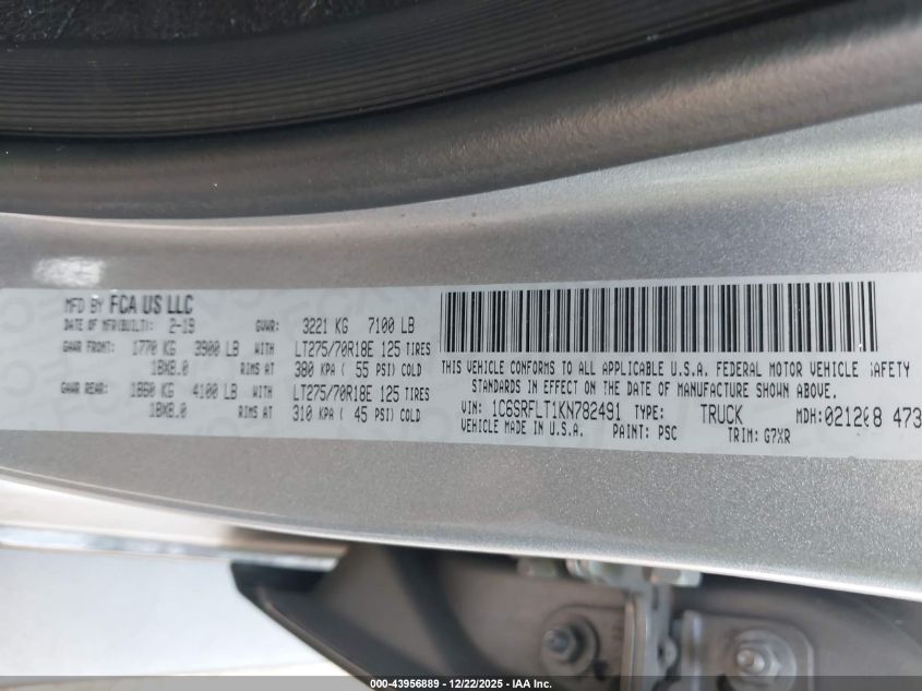2019 Ram 1500 VIN: 1C6SRFLT1KN782491 Lot: 43956889
