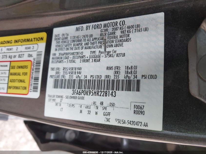 2017 Ford Fusion Titanium VIN: 3FA6P0K95HR228143 Lot: 43956890