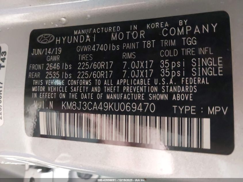 2019 Hyundai Tucson Value VIN: KM8J3CA49KU069470 Lot: 43956891