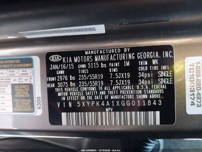 2016 Kia Sorento 2.0T Sxl VIN: 5XYPK4A1XGG011843 Lot: 43956893