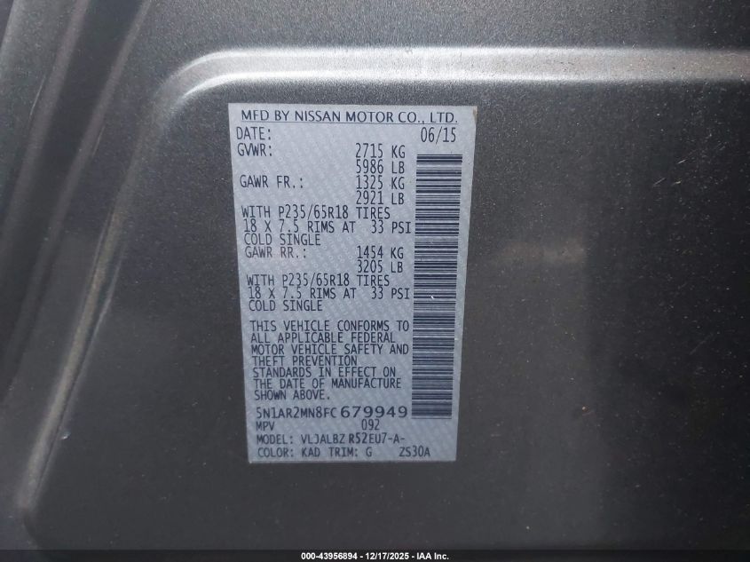 2015 Nissan Pathfinder S VIN: 5N1AR2MN8FC679949 Lot: 43956894