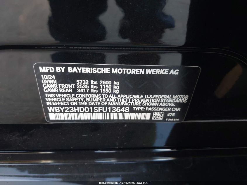 2025 BMW I4 Gran Coupe Edrive40 VIN: WBY23HD01SFU13648 Lot: 43956896