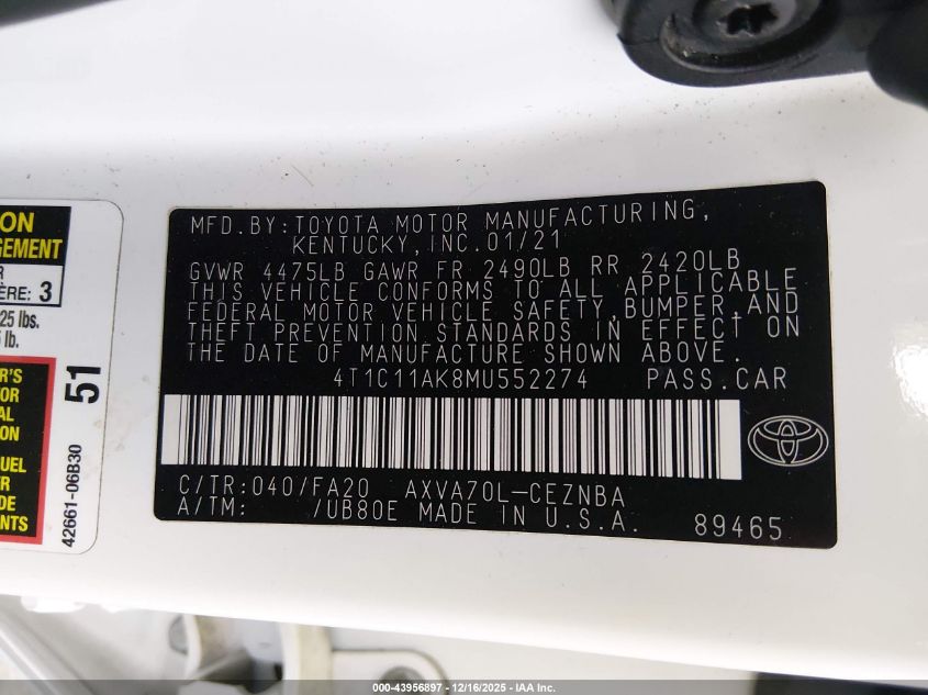 2021 Toyota Camry Le VIN: 4T1C11AK8MU552274 Lot: 43956897