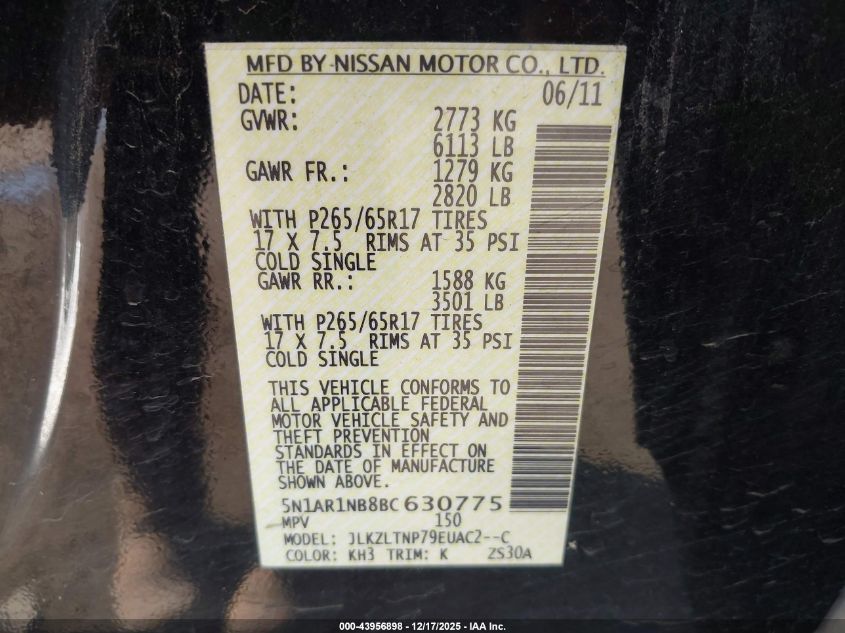 2011 Nissan Pathfinder Sv VIN: 5N1AR1NB8BC630775 Lot: 43956898