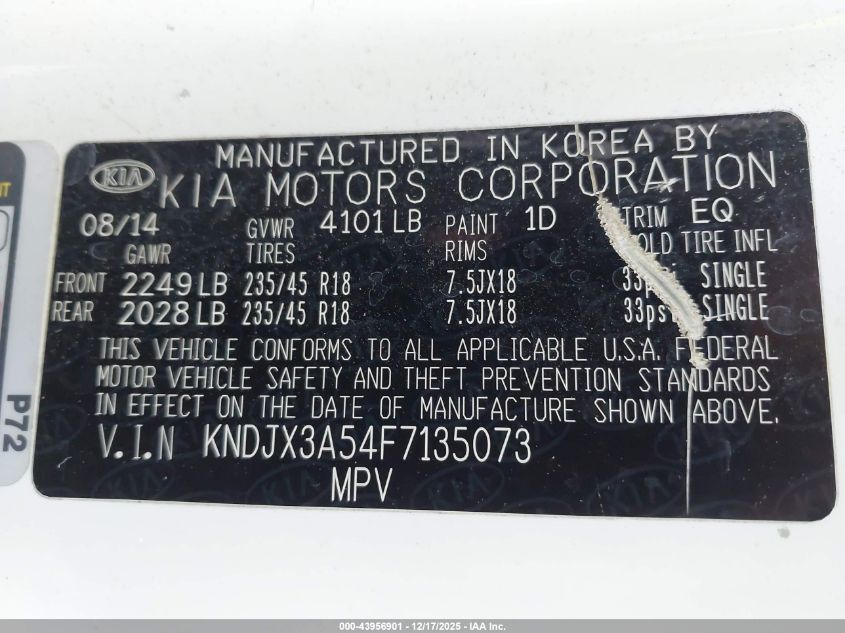2015 Kia Soul ! VIN: KNDJX3A54F7135073 Lot: 43956901