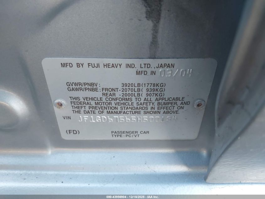 2005 Subaru Impreza 2.5Rs VIN: JF1GD67565H500184 Lot: 43956904