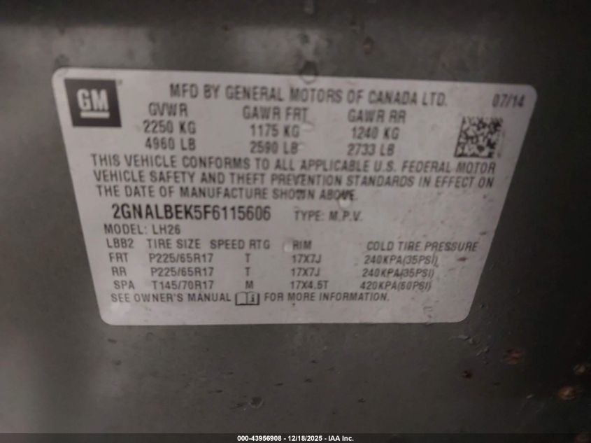 2015 Chevrolet Equinox 1Lt VIN: 2GNALBEK5F6115606 Lot: 43956908