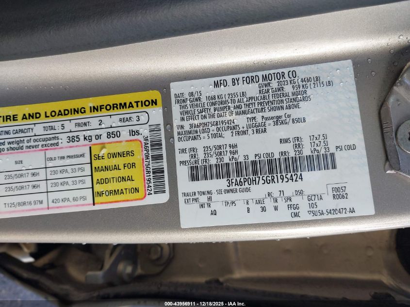 2016 Ford Fusion Se VIN: 3FA6P0H75GR195424 Lot: 43956911