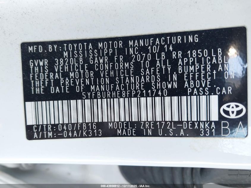 2015 Toyota Corolla Le VIN: 5YFBURHE8FP211740 Lot: 43956912