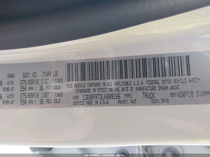 2020 Ram 1500 Laramie 4X4 6'4 Box VIN: 1C6SRFRT3LN309166 Lot: 43956913