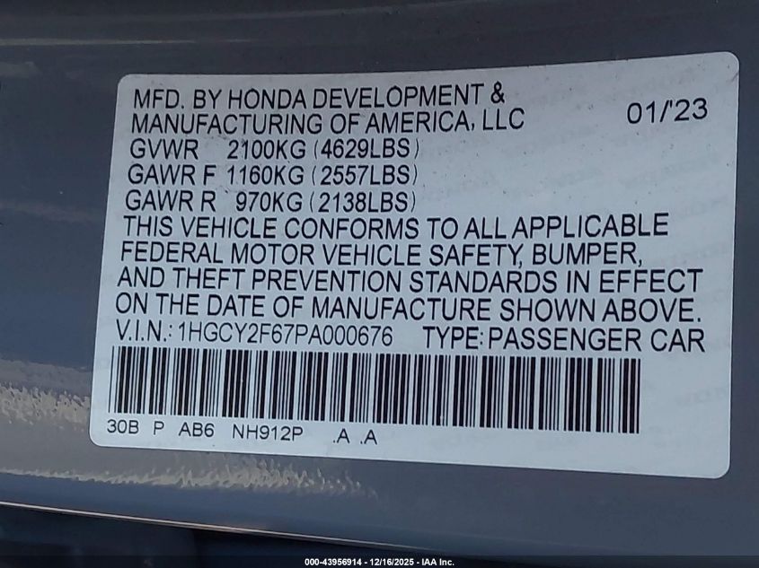 2023 Honda Accord Hybrid Ex-L VIN: 1HGCY2F67PA000676 Lot: 43956914