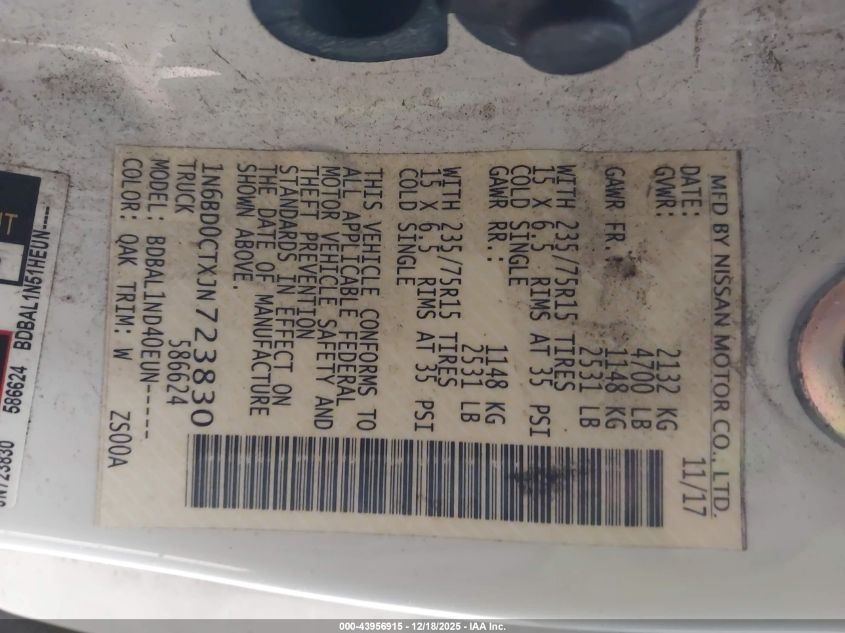 2018 Nissan Frontier S VIN: 1N6BD0CTXJN723830 Lot: 43956915