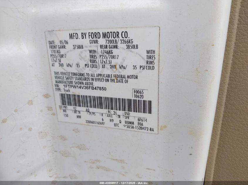 2006 Ford F-150 Fx4/Lariat/Xlt VIN: 1FTPW14V36FB47850 Lot: 43956917