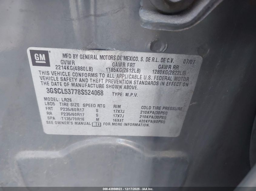 2008 Saturn Vue V6 Xr VIN: 3GSCL53778S524068 Lot: 43956923