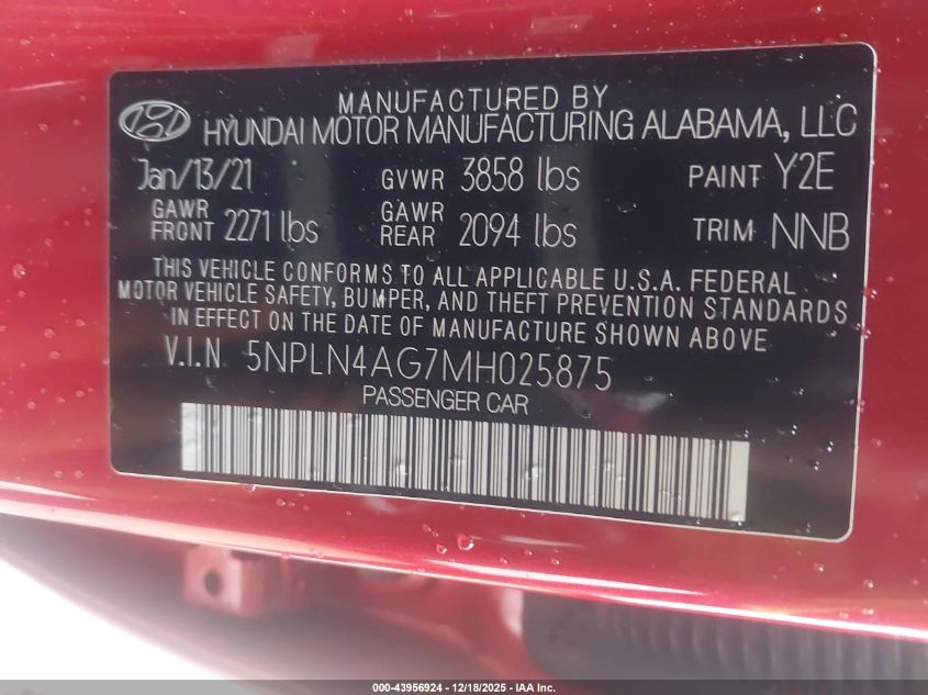 2021 Hyundai Elantra Sel VIN: 5NPLN4AG7MH025875 Lot: 43956924