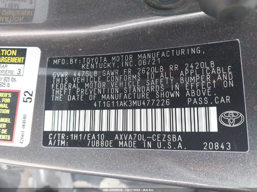 2021 Toyota Camry Se VIN: 4T1G11AK3MU477226 Lot: 43956926