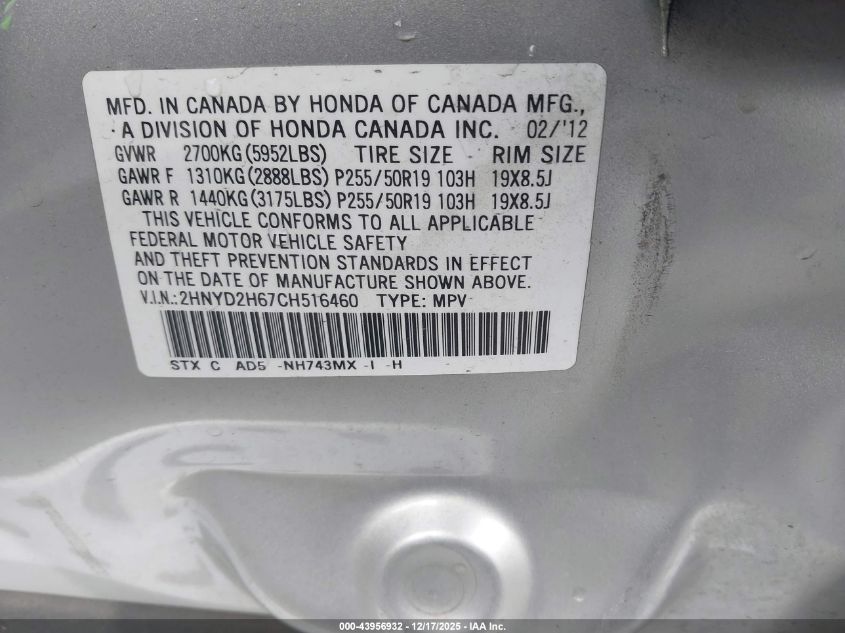 2012 Acura Mdx Advance Package VIN: 2HNYD2H67CH516460 Lot: 43956932
