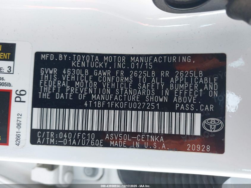 2015 Toyota Camry Le VIN: 4T1BF1FK0FU027251 Lot: 43956934