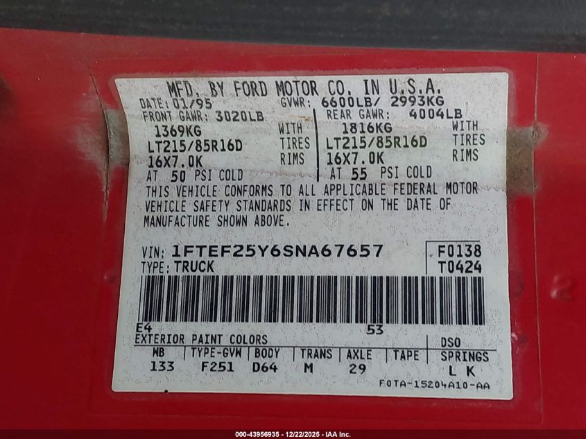 1995 Ford F250 VIN: 1FTEF25Y6SNA67657 Lot: 43956935